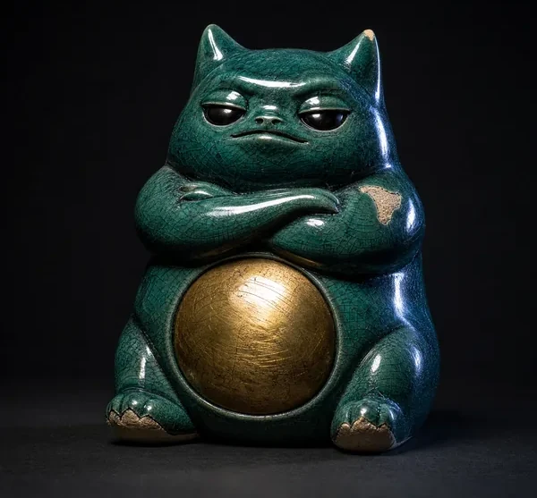 NUB, a glazed teal ceramic, brass belly creature, photographed as a specimen on a dark ground.