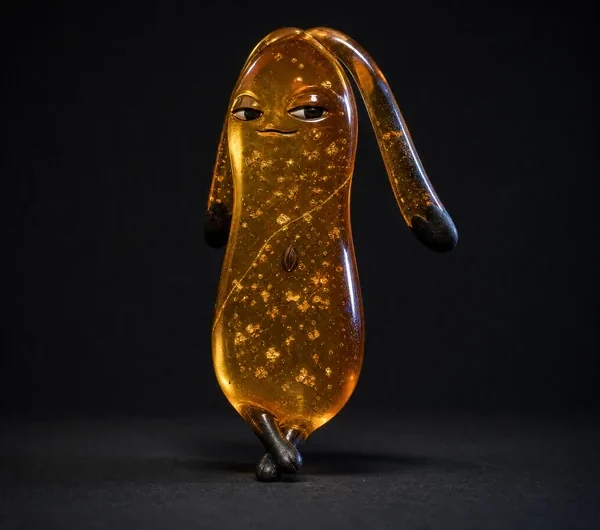 PIP, a amber resin, gold flakes suspended creature, photographed as a specimen on a dark ground.
