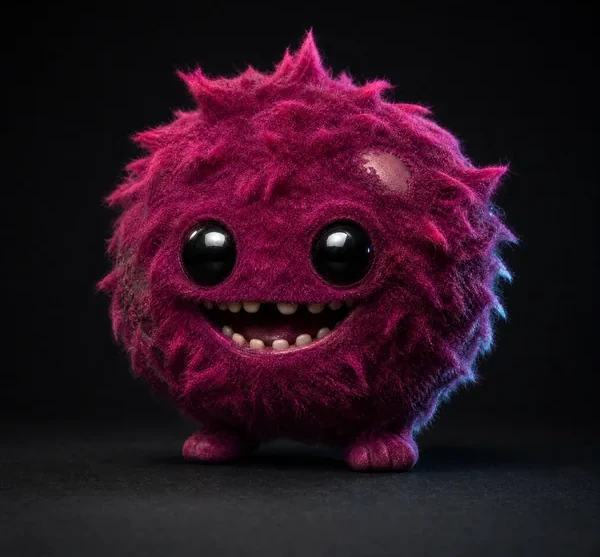 FUZZ, a flocked magenta velvet creature, photographed as a specimen on a dark ground.