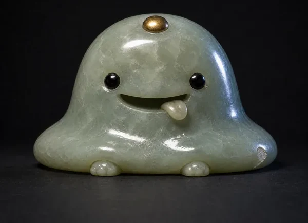 GLOB, a milky jade, one gold cabochon creature, photographed as a specimen on a dark ground.