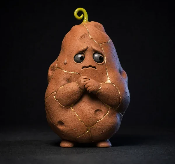 SPUD, a terracotta, kintsugi gold repair creature, photographed as a specimen on a dark ground.