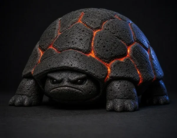 CRUST, a volcanic basalt, molten seams creature, photographed as a specimen on a dark ground.