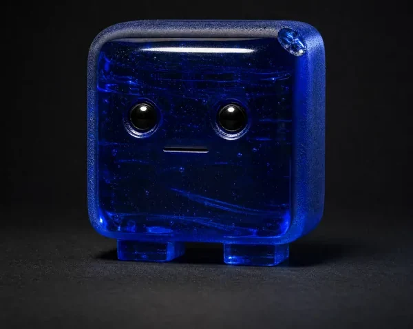 BRICK, a cobalt cast glass creature, photographed as a specimen on a dark ground.