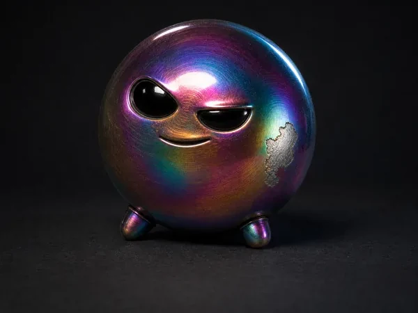 BREW, a iridescent anodised metal creature, photographed as a specimen on a dark ground.