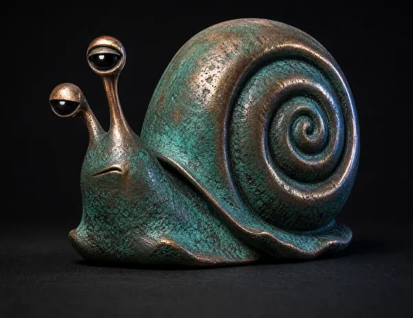 SNAG, a verdigris copper creature, photographed as a specimen on a dark ground.